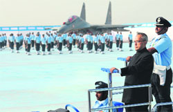 President Pranab Mukherjee inspects the guard of honour at the Halwara Air Force Station on Wednesday. Tribune photo: Himanshu Mahajan