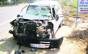 The mangled remains of a car that met with an accident in Fatehabad on Thursday. 