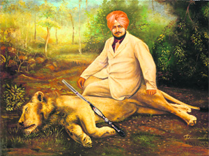 A painting depicts Maharaja Bhupinder Singh with the gun and the kill in the Gir forest in 1931.