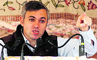 Chief Minister Omar Abdullah addresses a public rally at Tral in Pulwama district on Thursday
