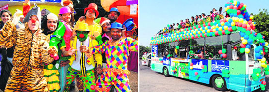 Youngsters attired as clowns; and (right) a bus all decked up with balloons during the carnival parade.