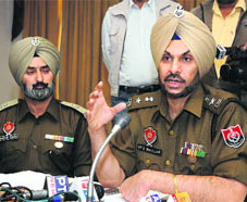 SSP Gurpreet Singh Bhullar addresses mediapersons in Bathinda on Friday.