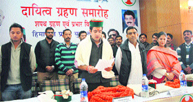Vikramaditya Singh, son of Chief Minister Virbhadra Singh, takes oath as Himachal Pradesh Youth Congress president at the Congress office in Shimla on Friday.