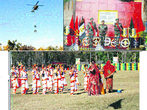 Soldiers display their parasailing skills during the Poonch-Link-Up Day celebrations; Major General VP Singh, GOC, Ace of Spades, pays homage to the martyrs and schoolchildren perform a cultural programme.