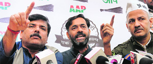 (From left) AAP leaders Sanjay Singh, Yogendra Yadav and Manish Sisodia at a press conference in New Delhi on Friday. 