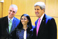Nisha Biswal (C) after being sworn-in by secretary of state John Kerry (R) as the new assistant secretary for South and Central Asia.  PTI