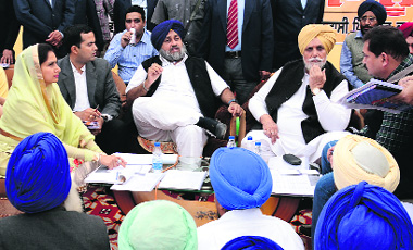 Deputy Chief Minister Sukhbir Badal during a Sangat Darshan programme in Bathinda on Saturday. Also seen in the picture are Bathinda MP Harsimrat Badal, Punjab Irrigation Minister Janmeja Singh Sekhon and Deputy Commissioner Kamal Kishore Yadav. 