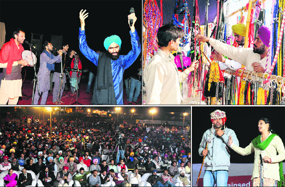(Clockwise from above left) An artiste performs at the Prof Mohan Singh Mela at the Thermal Colony stadium in Bathinda; farmers choose decorative items for their animals at the Pashu Dhan Mela; an event in progress at the cultural festival; and a view of the crowd that turned up at Prof Mohan Singh Mela.
