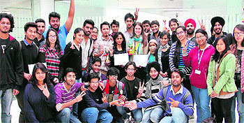 LPU students in a joyful mood after lifting the overall trophy at the zonal competition of the National Association of Students of Architecture held in Jaipur