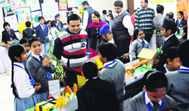 Students exhibit models during the science week at Bal Bharti Public School in Ludhiana on Saturday.