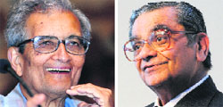 Amartya Sen (left) favours growth that will trickle up from the base, while Jagdish Bhagwati is in favour of the trickle-down effect on growth 