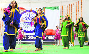 Children take part in the annual function at MHR School in Bathinda on Sunday. 