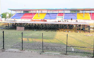 The stage being readied for the inaugural ceremony of World Cup Kabaddi at Sports Stadium in Bathinda on Sunday.