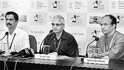 VS Kundu, director general of the Films Division (C), talks to the media in Panaji on Sunday