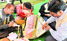 Poll officials check an EVM in Bhopal on Sunday