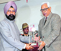 J&K Governor NN Vohra (right) being felicitated by Vice Chancellor AS Brar in Amritsar on Sunday