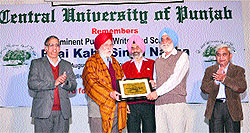 Dignitaries being felicitated at a function held in the memory of Bhai Kahn Singh Nabha at Bathinda on Monday