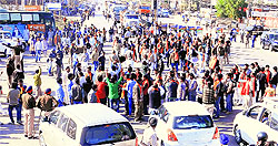 Activists of the Shiv Sena and Gau Sewa Dal block the Mohali-Kharar highway on Monday