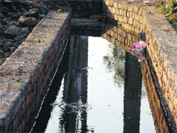 A polluted rainwater nullah that starts near Jindal Steel Industries in Hisar carries coloured water. Photo: Banshi Lal