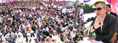Chief Minister Omar Abdullah addresses a public rally at Challana village of the Nagrota Assembly constituency in Jammu on Monday. 