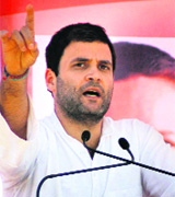 Rahul Gandhi addresses an election rally in Pushkar on Monday. 