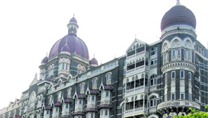 A view of Taj Mahal Hotel on the eve of the 5th anniversary of 26/11 terror attacks, in Mumbai on Monday. 