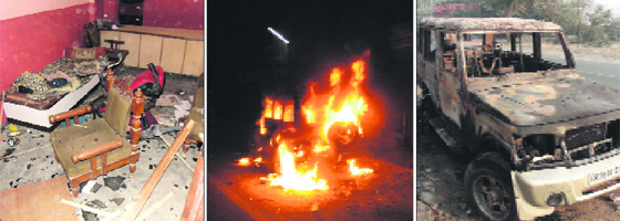 The ransacked office of a canter union in Abohar; a vehicle set afire and a damaged van outside the union office. 
