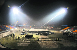 Workers set up stage at the flood-lit Multipurpose Sports Stadium in Bathinda on Monday where the inaugural function of the World Cup Kabaddi will be held. 