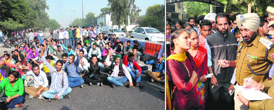 Students of Government Rajindra College stage a dharna outside the college; and (right) DSP Gurmeet Singh Kingra and SHO Karamjit Singh listen to the grievances of the agitating students in Bathinda on Tuesday. 