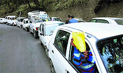 Taxi operators hold a protest in Shimla on Tuesday