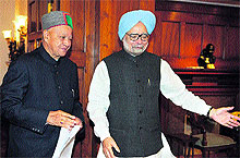 Chief Minister Virbhadra Singh calls on Prime Minister Manmohan Singh in New Delhi on Tuesday.