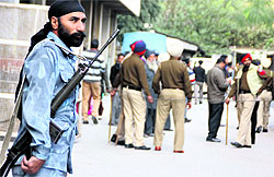 A securityman stands guard at the court complex in Ludhiana on Tuesday