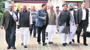 A Congress delegation comes out from Nirvachan Sadan in New Delhi on Tuesday.  