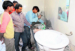 Renovation work goes on in Multipurpose Sports Stadium at Bathinda on Wednesday