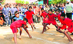 Players in action during the Inter-School Kabaddi Tournament for Boys at Government Model Senior Secondary School in Sector 21, Chandigarh, on Wednesday