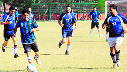 A match in progress during the North Zone Indian Audit and Accounts Department Football Tournament in Sector 17, Chandigarh, on Wednesday