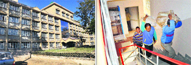The new Mini Secretariat building at Dharamsala; and (right) employees of the DC office shift documents on Wednesday. 