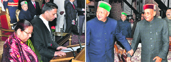 Governor Urmila Singh administers the oath of office to Justice Mansoor Ahmad Mir as the Acting Chief Justice of the HP HC in Shimla on Wednesday; and (right) CM Virbhadra Singh with Leader of Opposition PK Dhumal at the oath ceremony. 