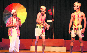 Artists present the play "Ujabak Raja Teen Dakait" at Desh Bhagat Yadgar Hall in Jalandhar on Tuesday.