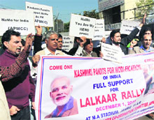 Kashmiri Pandits seek support for Narendra Modis December 1 rally, in Jammu on Wednesday.