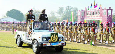 Nirmal Singh Dhillon, Commissioner of Police, inspects the passing-out parade of ITBP recruits at Baddowal in Ludhiana on Wednesday. 