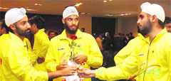 Indias junior hockey players congratulate each other after the squad for the World Cup was announced on Wednesday.  PTI