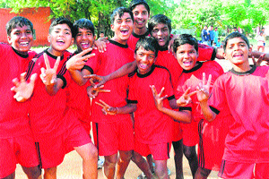 Students of GMS, Indira Colony, in a jubilant mood after winning the kabaddi championship in Chandigarh on Thursday.