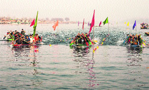 Eyeing victory: Participants compete in the kayaking event in Srinagar on Thursday