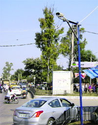 A CCTV camera installed at the Mahavir Chowk in Sangrur. 
