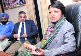 Principal Secretary Vini Mahajan (right) and Dr KK Talwar (centre) at the Government Medical College in Patiala on Thursday.