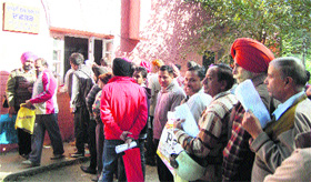 Residents queue up in large numbers during a property tax camp at Company Garden in Amritsar on Friday.