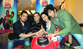 Actors Karanvir Bohra and Teejay Sidhu and bollywood music director Ishq Bector/Shree D during the promotion of their upcoming Punjabi film "Love Yoou Soniye" in Amritsar on Friday.