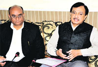 VK Gupta (right), General Manager, Northern Railway, along with Ambala DRM Anil Kumar Kathpal, intracts with mediapersons in Bathinda on Friday. Tribune photo: Pawan Sharma