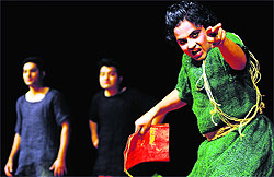 Artistes enact a scene from the Shakespearean play “A midsummer night’s dream” at the Tagore Theatre in Chandigarh on Friday